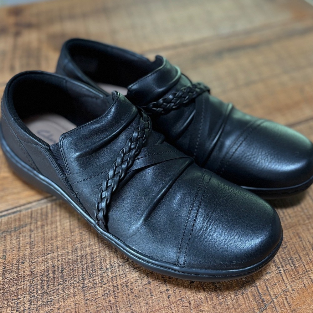 Clarks Womens Black Leather Cora Braid Shoe Slip On Dress Casual Shoes Size 9